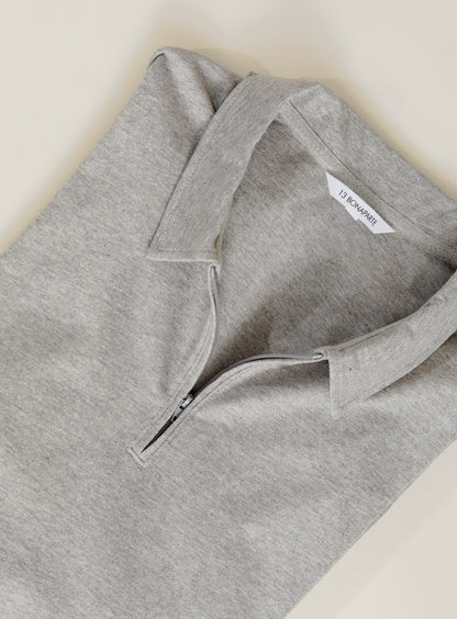 Long Sleeve Zipped Poloshirt in Heather Grey Mercerized Cotton Piqué