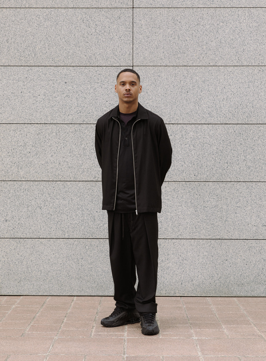 Zipped Overshirt with Notched Pockets in Black Fine Stripe Serge