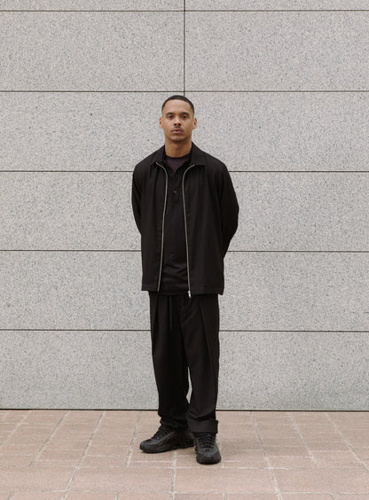 Zipped Overshirt with Notched Pockets in Black Fine Stripe Serge