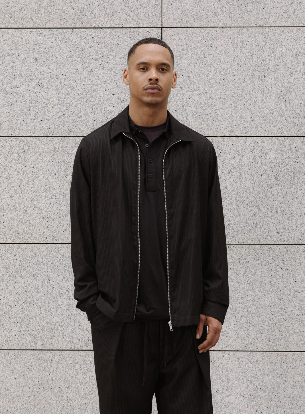 Zipped Overshirt with Notched Pockets in Black Fine Stripe Serge