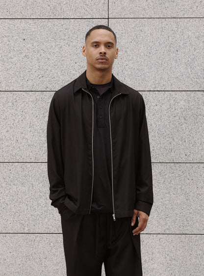 Zipped Overshirt with Notched Pockets in Black Fine Stripe Serge