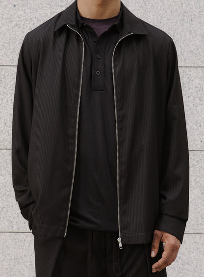 Zipped Overshirt with Notched Pockets in Black Fine Stripe Serge
