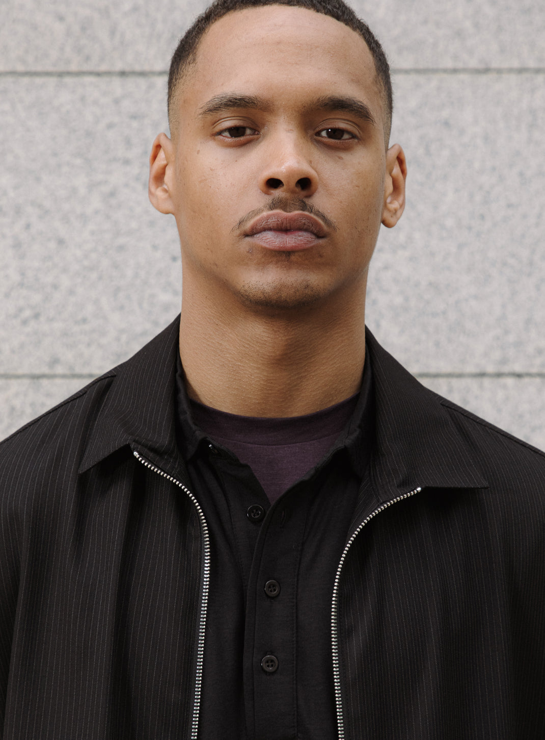 Zipped Overshirt with Notched Pockets in Black Fine Stripe Serge