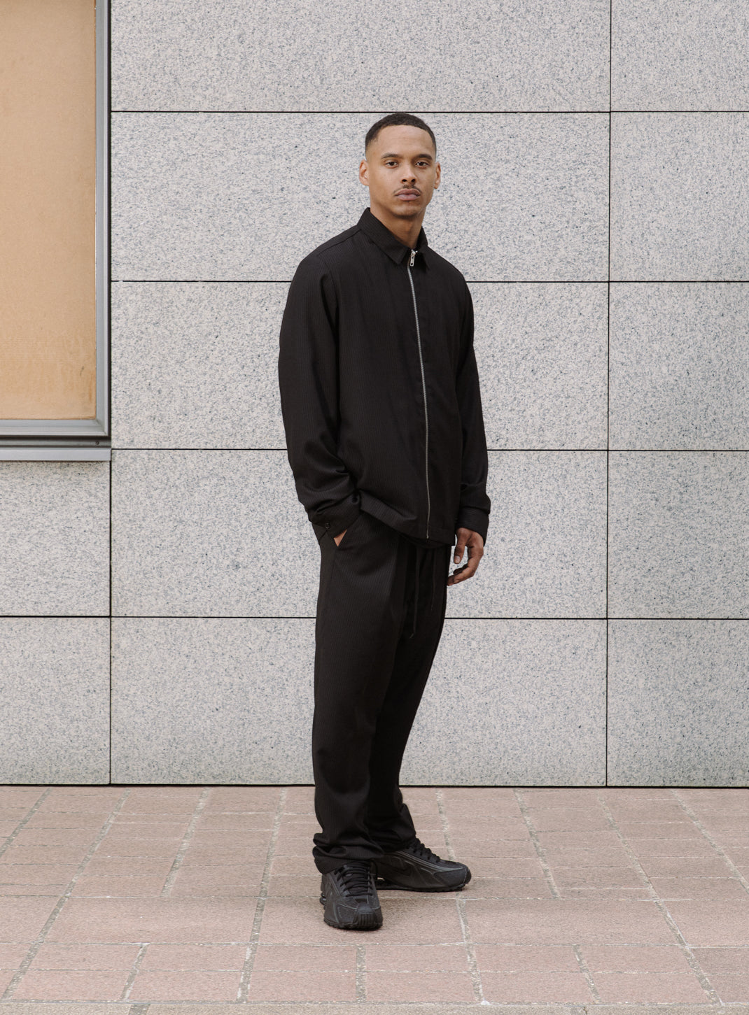 Zipped Overshirt with Notched Pockets in Black Fine Stripe Serge