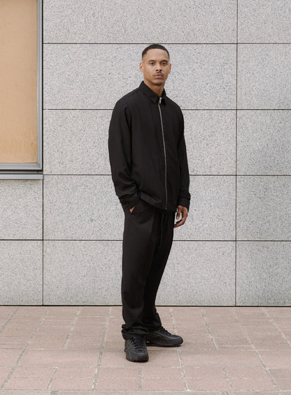 Zipped Overshirt with Notched Pockets in Black Fine Stripe Serge