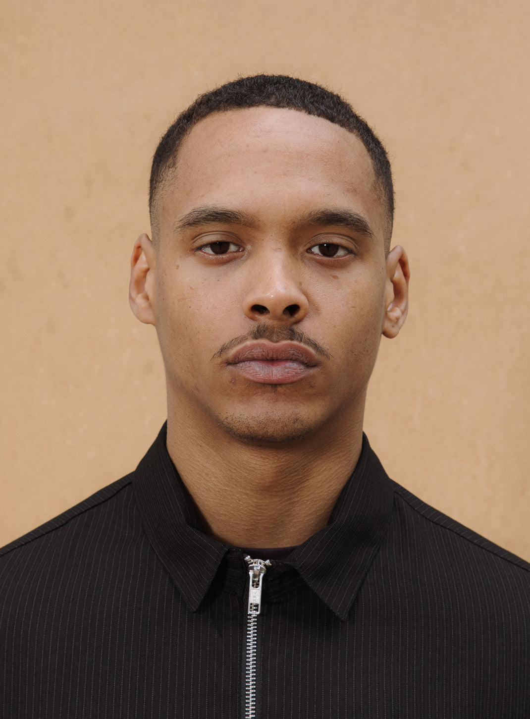 Zipped Overshirt with Notched Pockets in Black Fine Stripe Serge