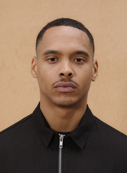 Zipped Overshirt with Notched Pockets in Black Fine Stripe Serge