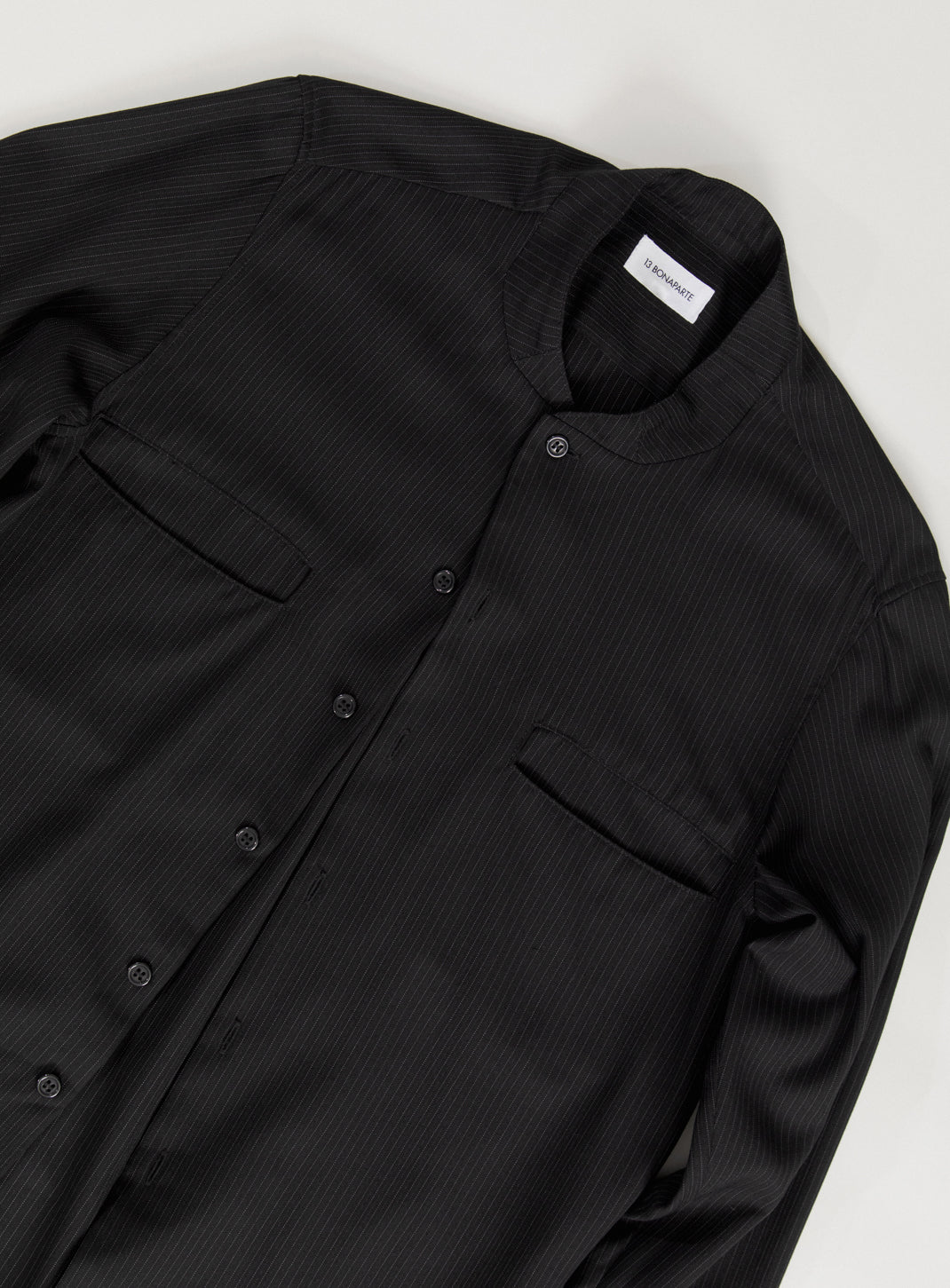 Murano Collar Overshirt in Black Fine Stripe Serge