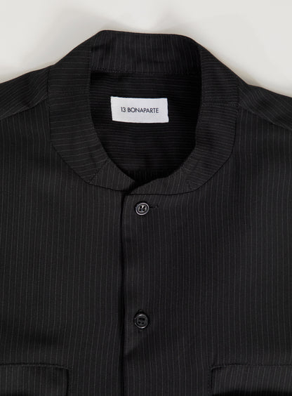 Murano Collar Overshirt in Black Fine Stripe Serge