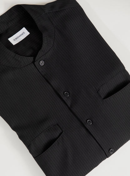 Murano Collar Overshirt in Black Fine Stripe Serge
