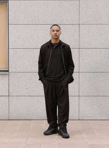 Zipped Overshirt with Notched Pockets in Black Fine Stripe Serge