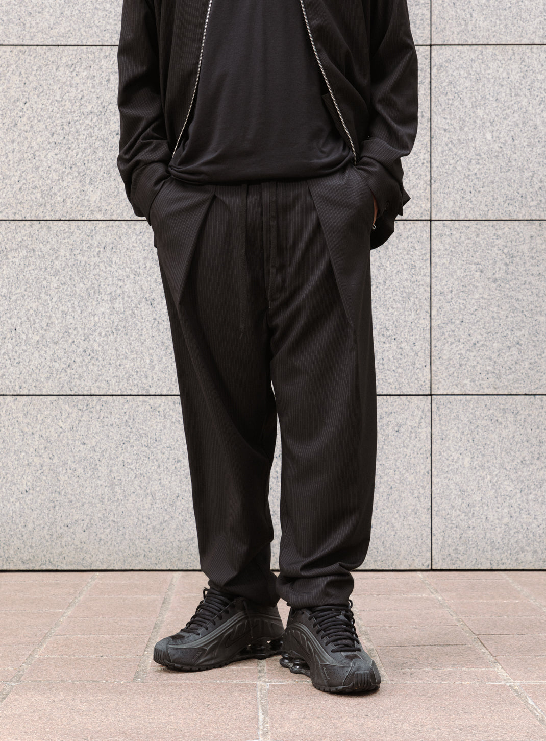 Lace Waist Pants with Deep Pleats in Black Fine Stripe Serge