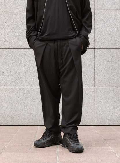 Lace Waist Pants with Deep Pleats in Black Fine Stripe Serge