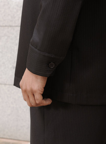 Zipped Overshirt with Notched Pockets in Black Fine Stripe Serge