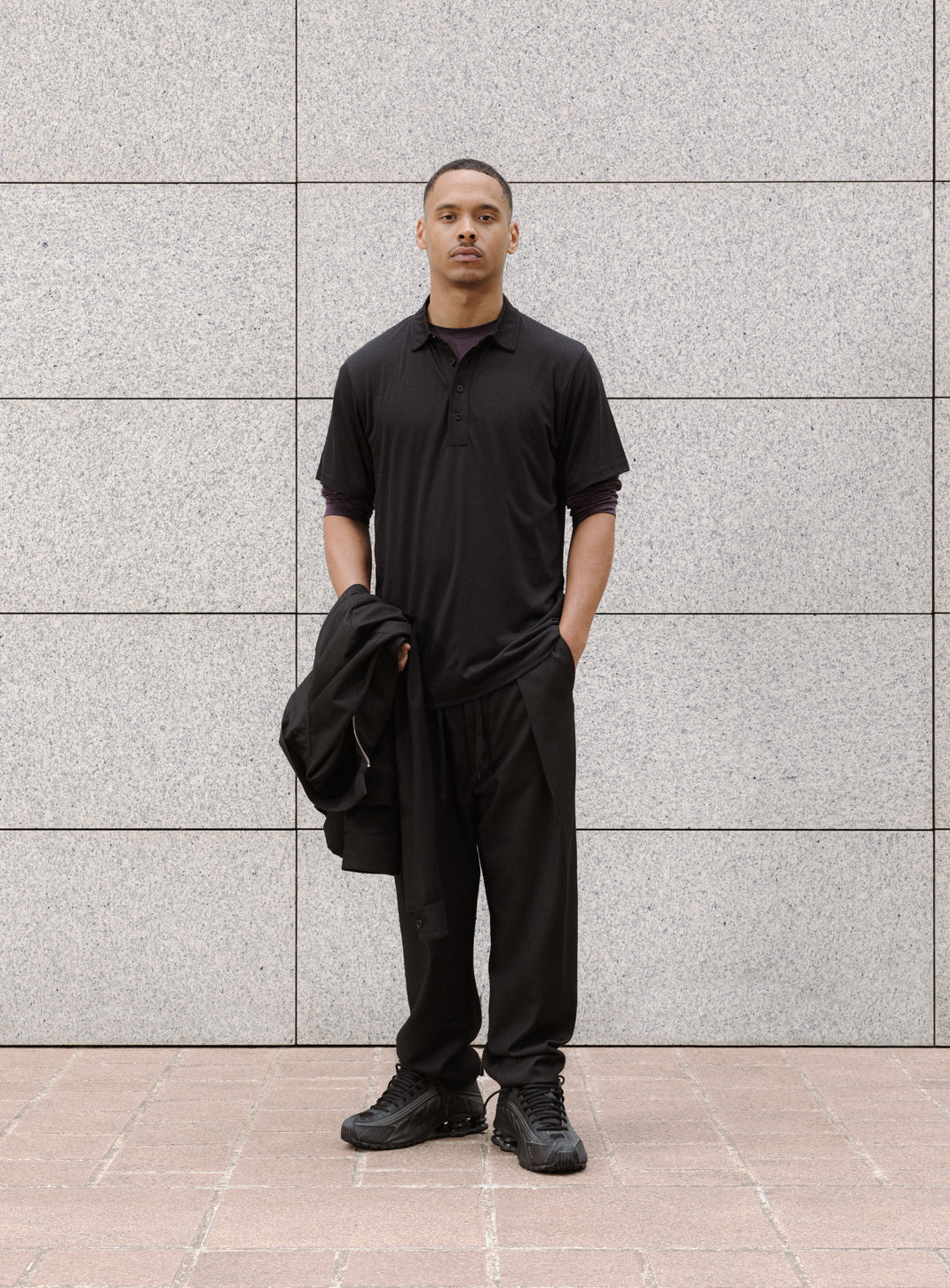 Zipped Overshirt with Notched Pockets in Black Fine Stripe Serge