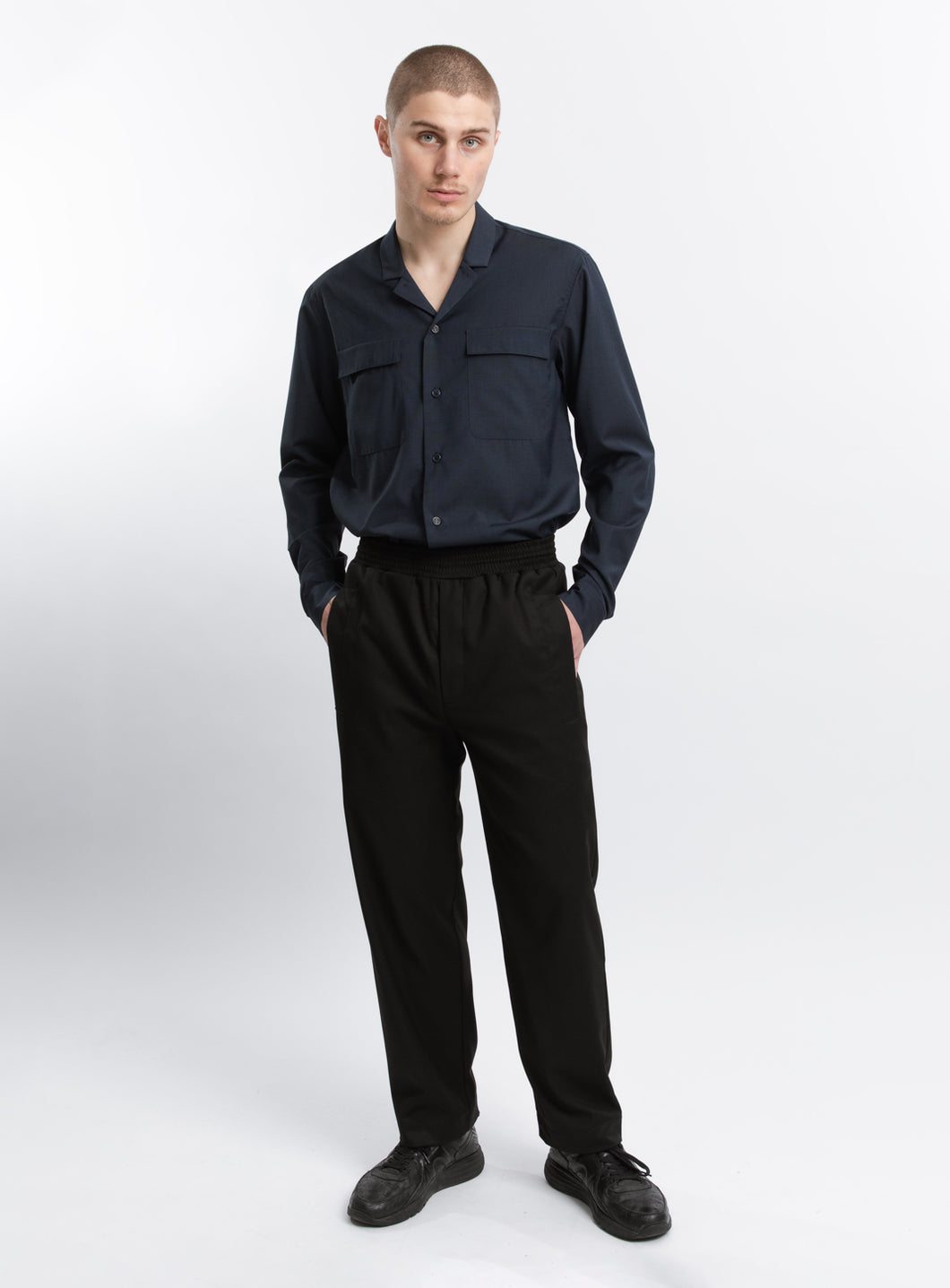 Overshirt with Tailored Collar in Navy Blue Serge