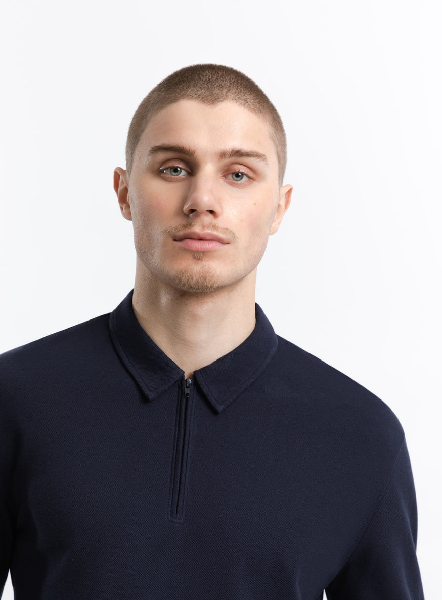 Zipped Poloshirt in Navy Blue Cotton Piqué