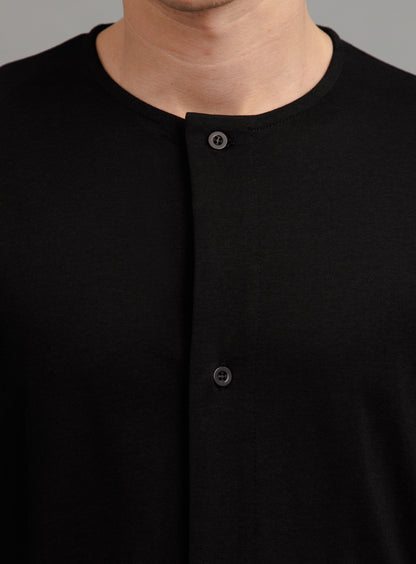 Long Sleeve T-Shirt with 5 Buttons in Black Eucalyptus & Cotton
