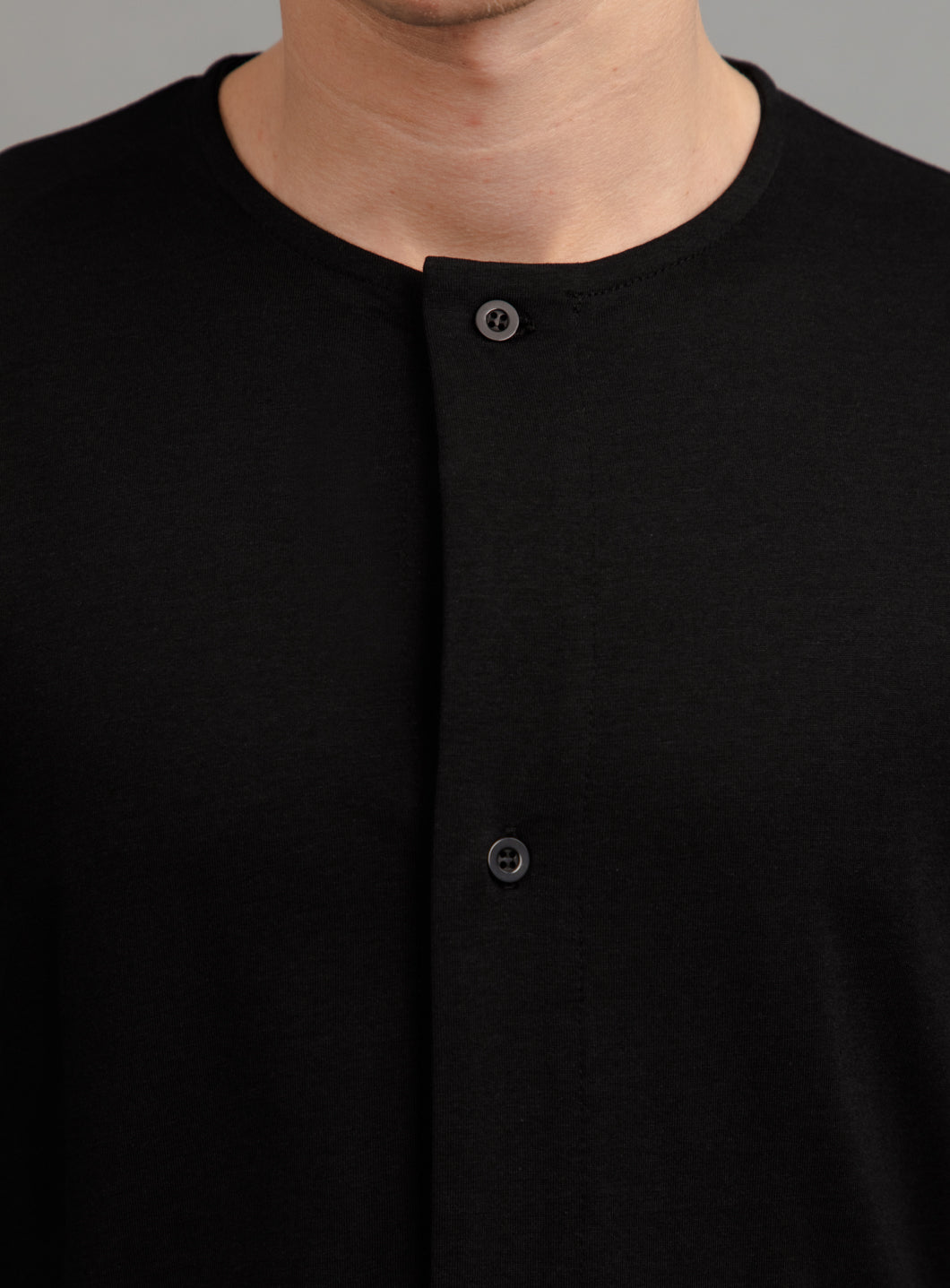 Long Sleeve T-Shirt with 5 Buttons in Black Eucalyptus & Cotton