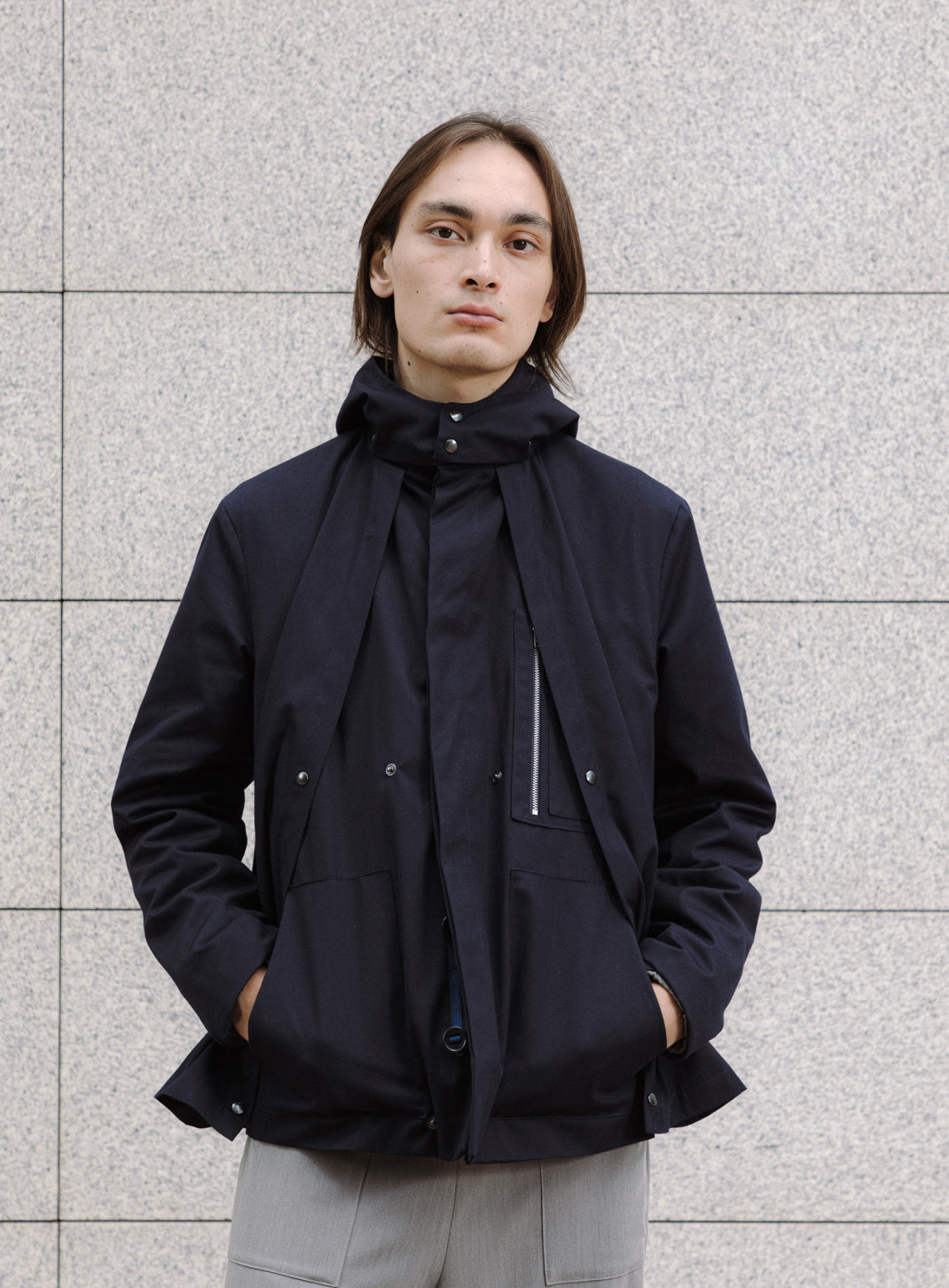 Multi Pocket Flapped Parka in Navy Blue Teflon