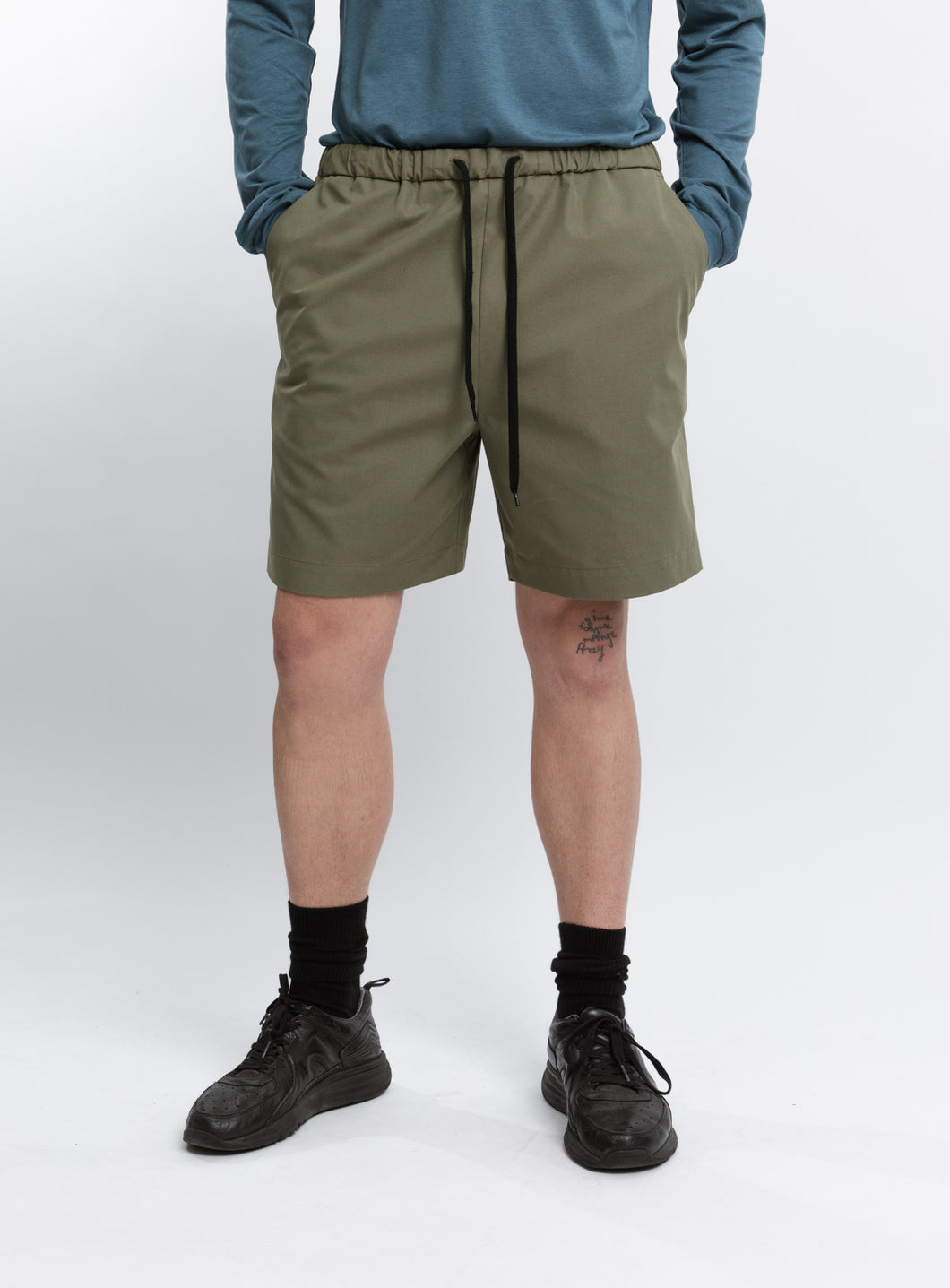 Lace Waist Bermuda Shorts in Olive Cotton Twill
