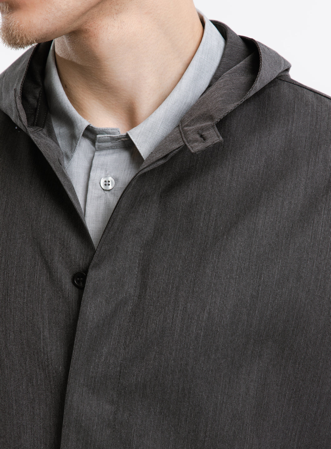 Hooded Overshirt in Dark Grey Fine Stripe Serge