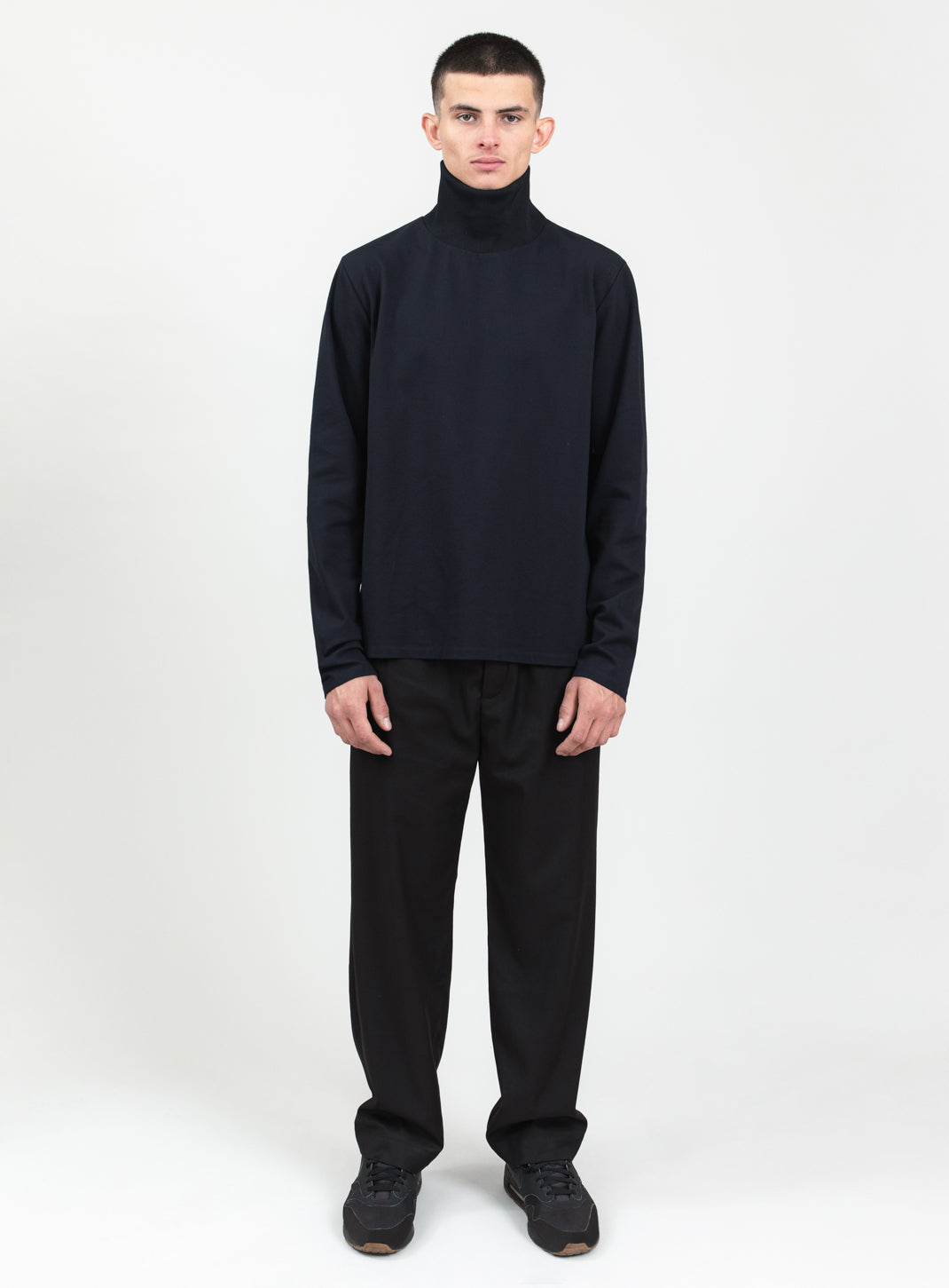 Ribbed High Neck Sweatshirt in Navy Blue Technical Knit