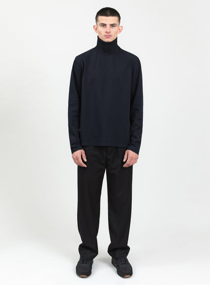 Ribbed High Neck Sweatshirt in Navy Blue Technical Knit