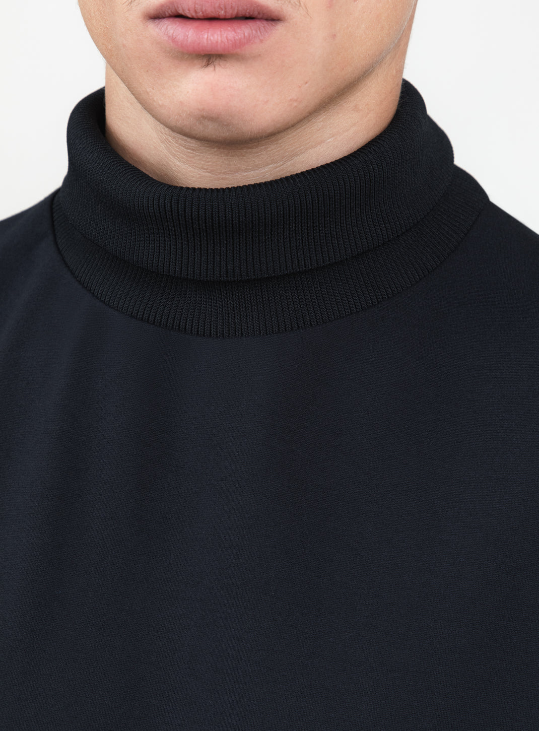 Ribbed High Neck Sweatshirt in Navy Blue Technical Knit