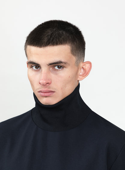Ribbed High Neck Sweatshirt in Navy Blue Technical Knit