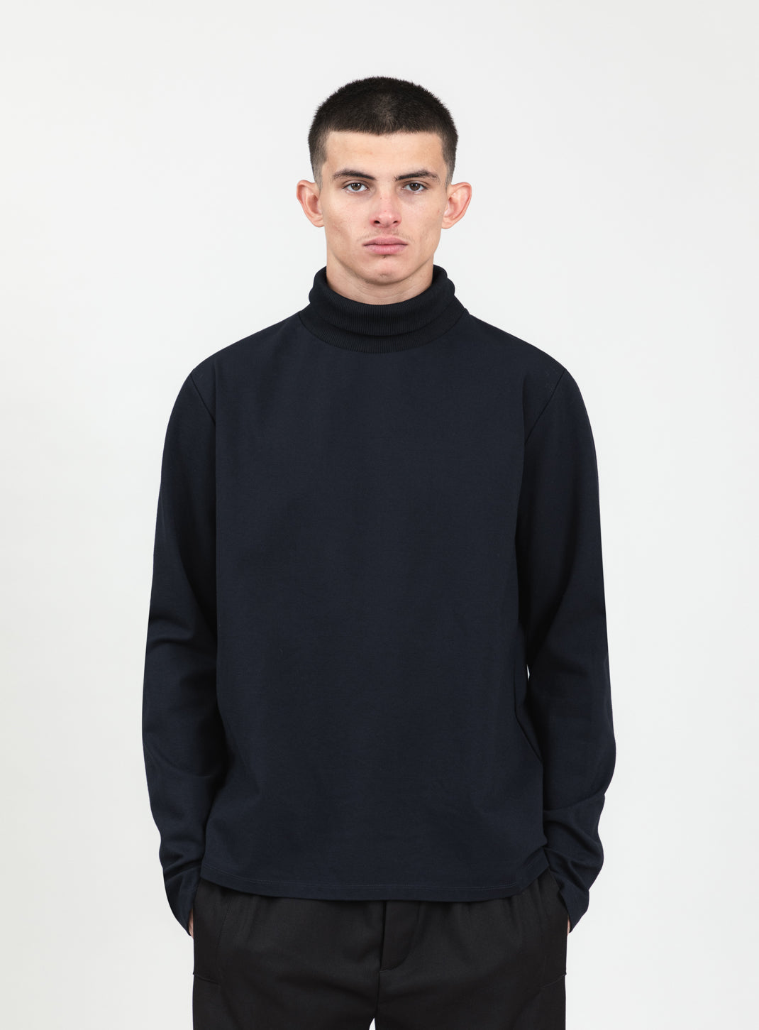 Ribbed High Neck Sweatshirt in Navy Blue Technical Knit