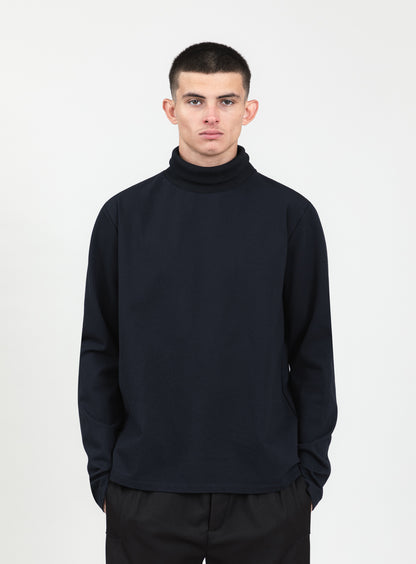 Ribbed High Neck Sweatshirt in Navy Blue Technical Knit