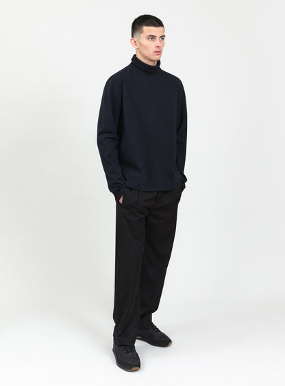 Ribbed High Neck Sweatshirt in Navy Blue Technical Knit