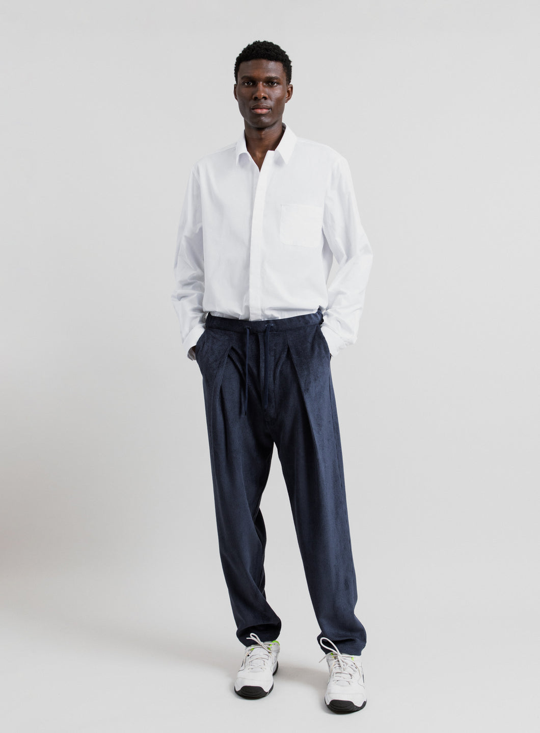 Lace Waist Pants with Deep Pleats in Navy Blue Washed Corduroy