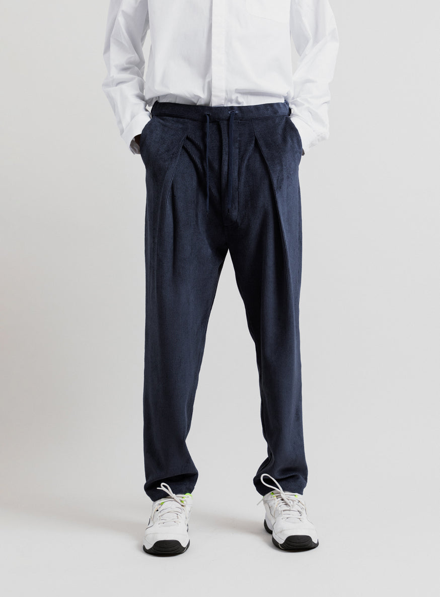 Lace Waist Pants with Deep Pleats in Navy Blue Washed Corduroy