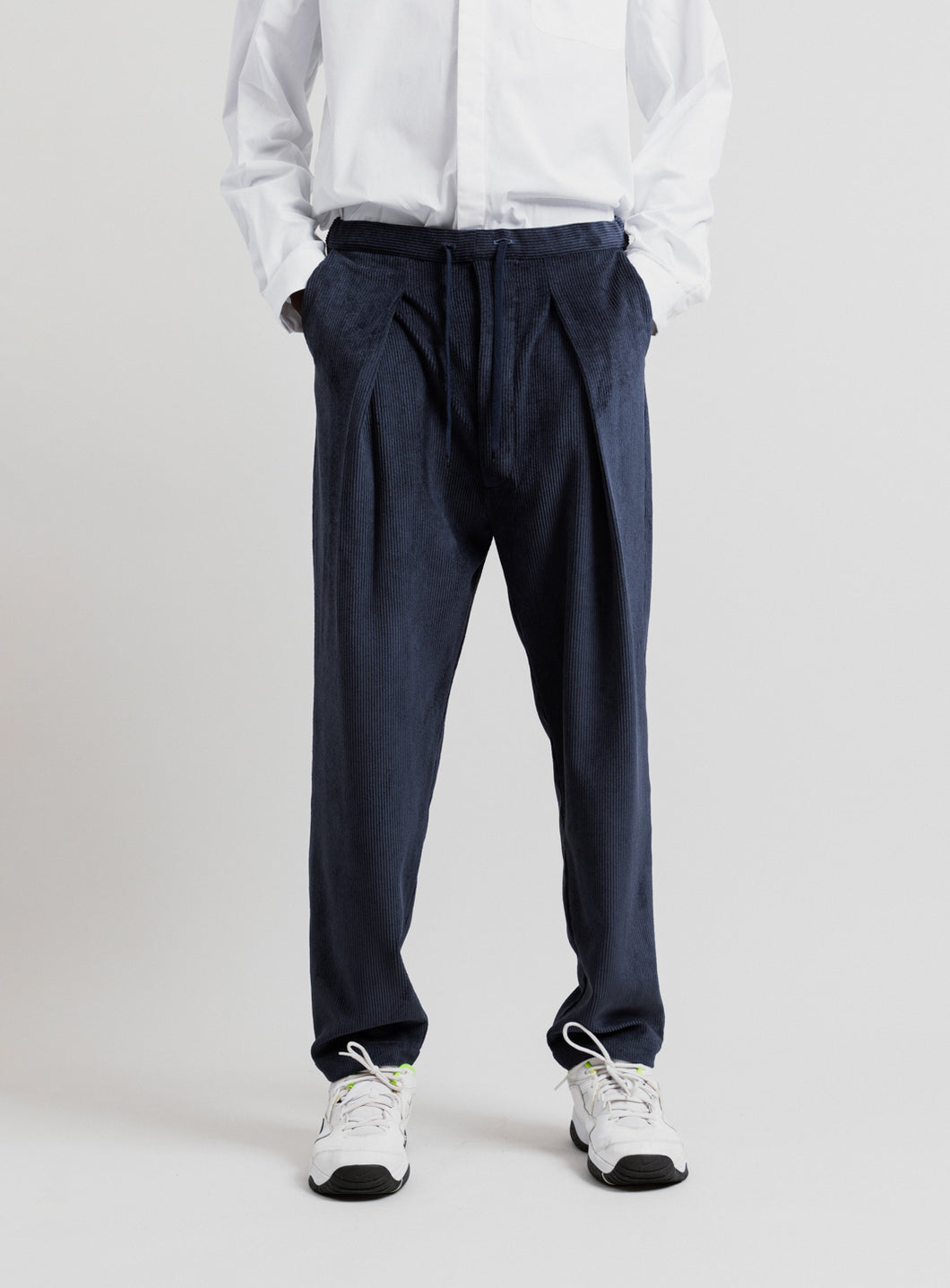 Lace Waist Pants with Deep Pleats in Navy Blue Washed Corduroy