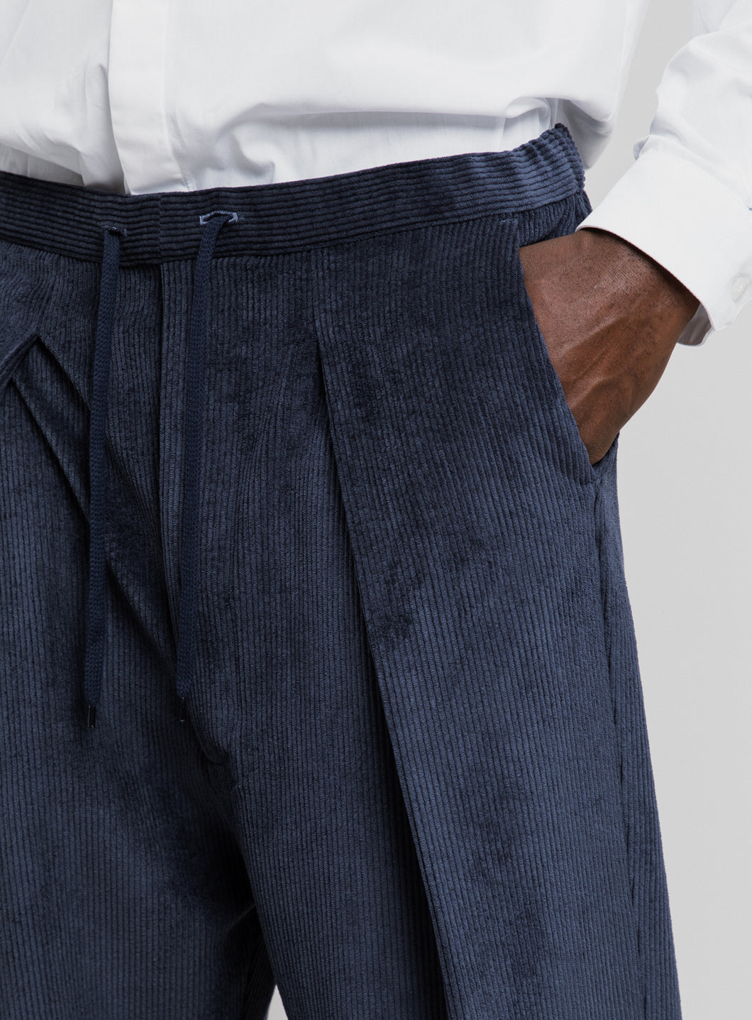 Lace Waist Pants with Deep Pleats in Navy Blue Washed Corduroy