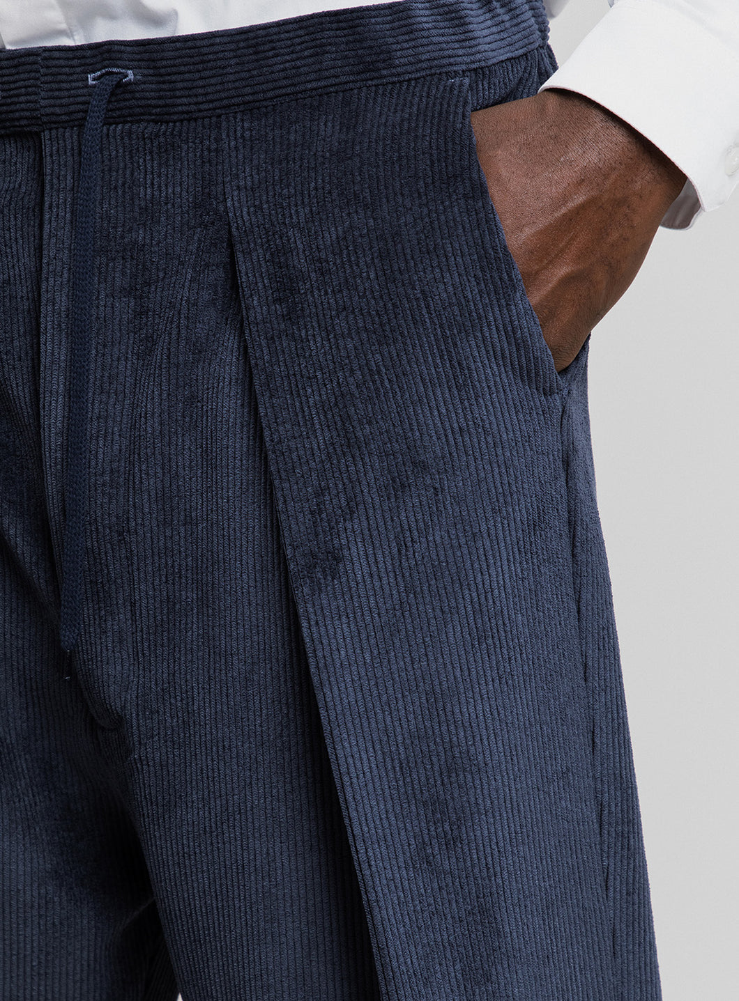 Lace Waist Pants with Deep Pleats in Navy Blue Washed Corduroy