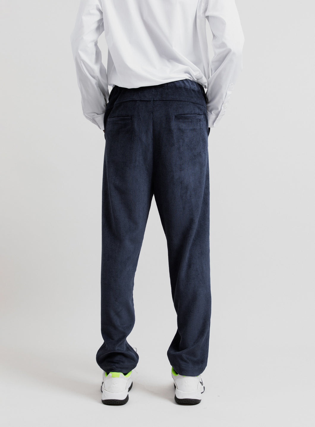 Lace Waist Pants with Deep Pleats in Navy Blue Washed Corduroy