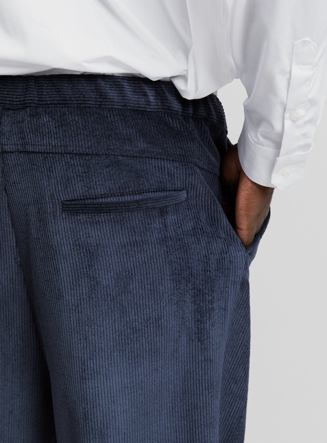 Lace Waist Pants with Deep Pleats in Navy Blue Washed Corduroy