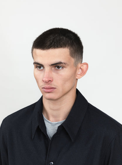 Pleated Tab Overshirt in Navy Blue Flannel Wool