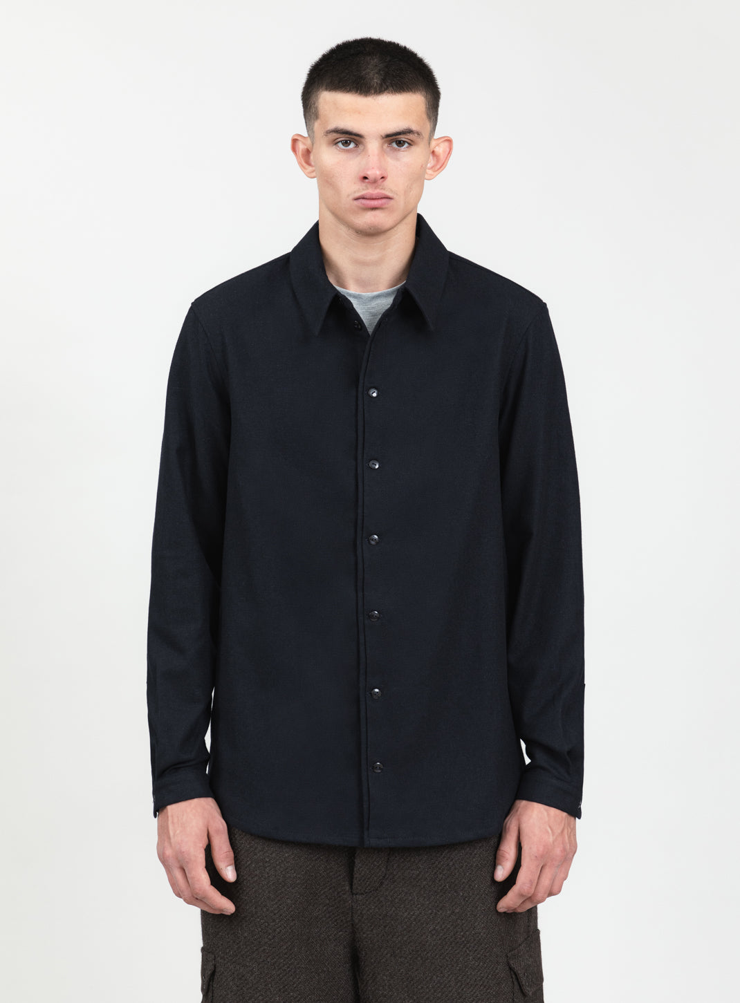 Pleated Tab Overshirt in Navy Blue Flannel Wool