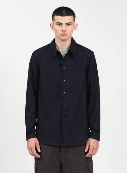 Pleated Tab Overshirt in Navy Blue Flannel Wool