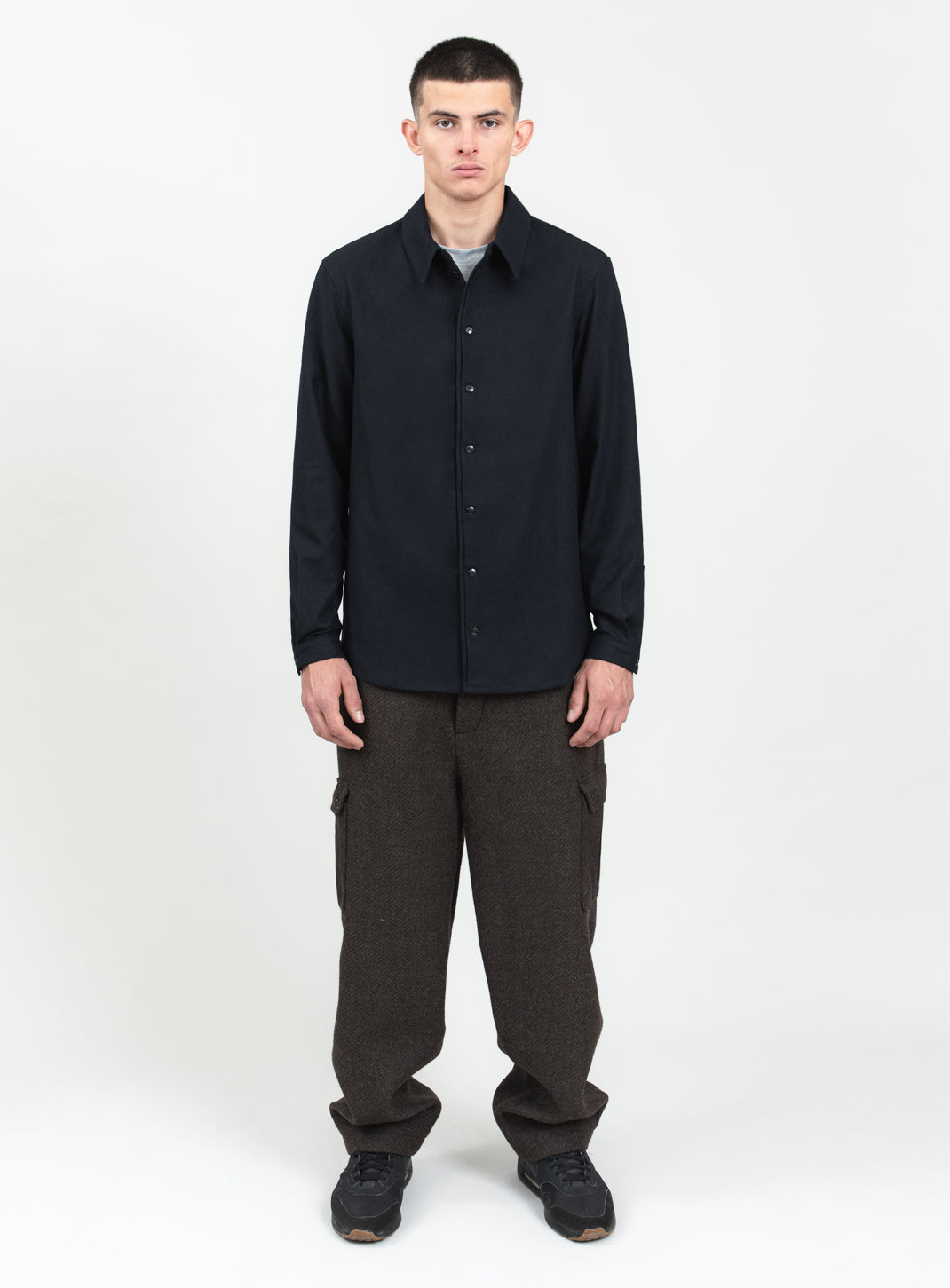 Pleated Tab Overshirt in Navy Blue Flannel Wool