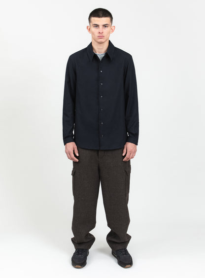 Pleated Tab Overshirt in Navy Blue Flannel Wool