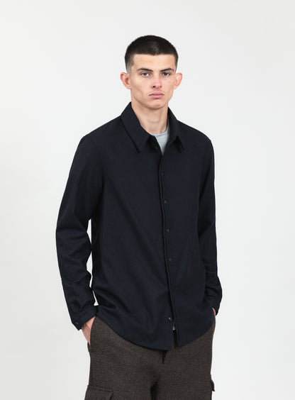 Pleated Tab Overshirt in Navy Blue Flannel Wool