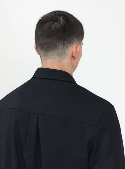 Pleated Tab Overshirt in Navy Blue Flannel Wool