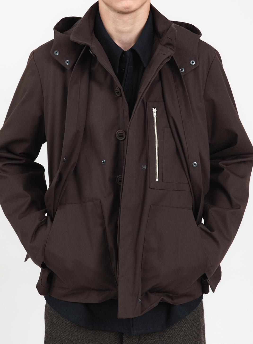 Multi Pockets Flapped Parka in Chocolate Waterproof Teflon