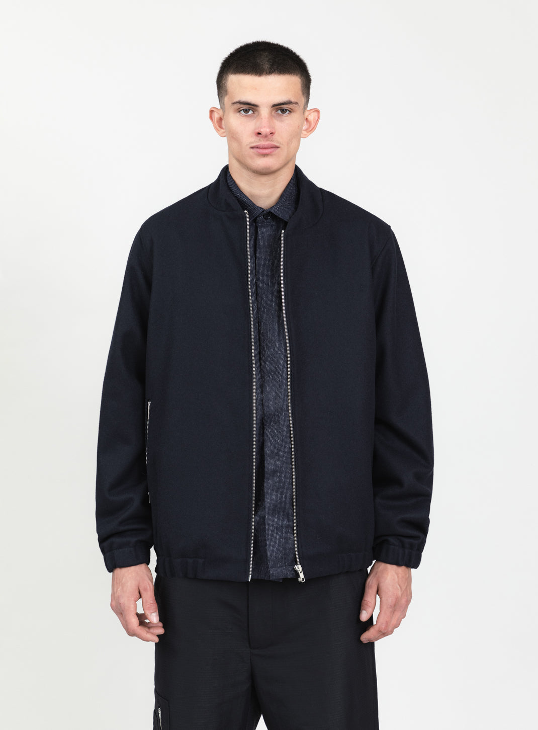 Bomber à Col Murano en Laine d'Italie Bleu Marine