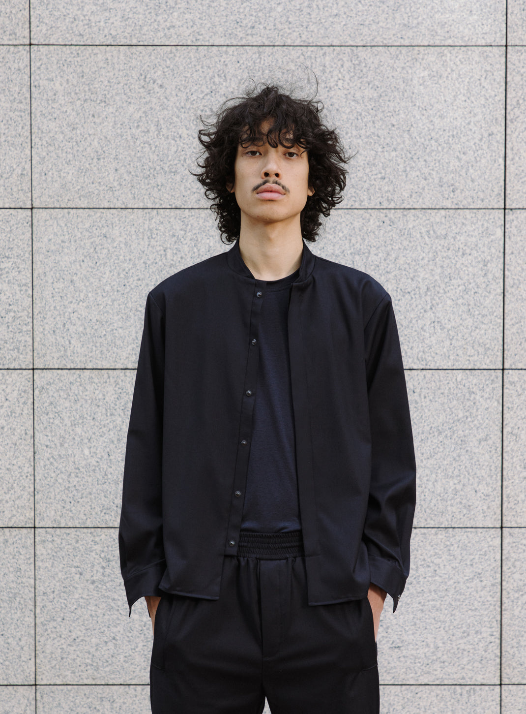 Bomber Collar Overshirt in Navy Blue Serge